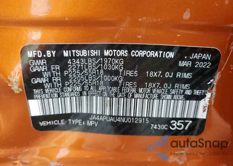 2022 Mitsubishi Outlander Sport Es z USA, uszkodzony, nr VIN JA4APUAU4NU012915